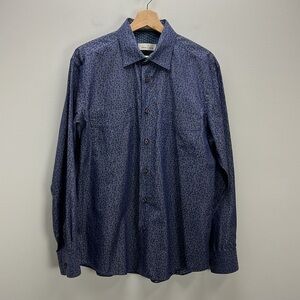 Bugatchi Uomo Dress Shirt Blue Printed Shaped Fit Business Casual Mens Large